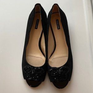 Alex Marie Open Toe Black Flats with Beaded Flower